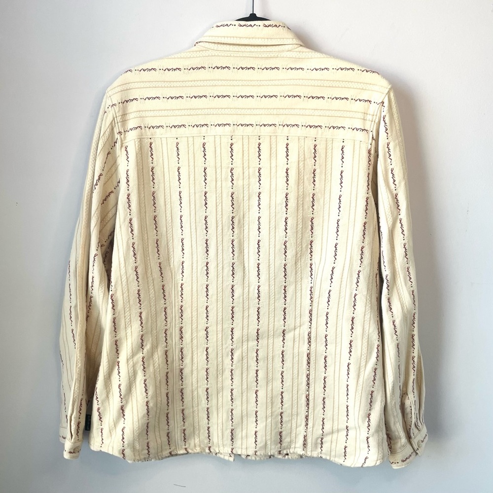 Vtg Woolrich Women’s Cream Burgundy/Red Tan Striped Cotton Button-Up Shirt Sz L - Picture 7 of 15
